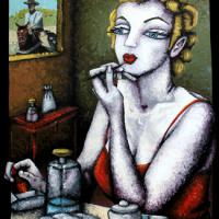 MARILYN PEINT SA BOUCHE, acryl/toile 50x62cm